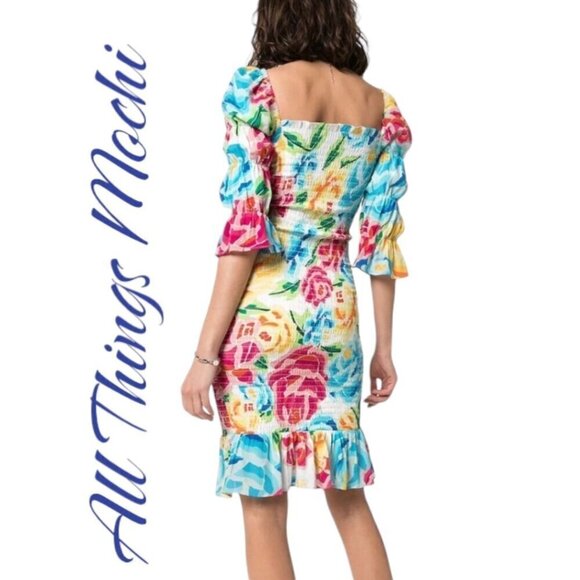 NWT ALL THINGS MOCHI Marianna Silk Smocked Bold Floral Ruffle Mini Dress, Small - Picture 8 of 9